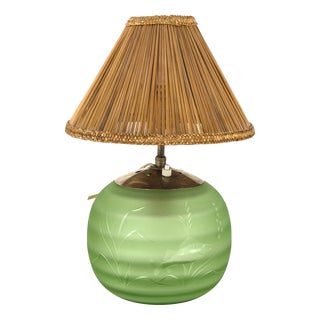 Table Lamp in Frosted Glass, Sea-Grass Shade and Brass by Edward Hald for Orrefors, Sweden, 1940s For Sale