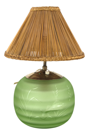 Table Lamp in Frosted Glass, Sea-Grass Shade and Brass by Edward Hald for Orrefors, Sweden, 1940s