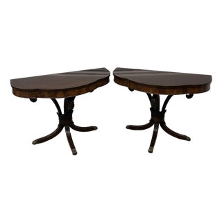 Pair of Antique Regency Style Flame Mahogany Demilune Console Tables For Sale