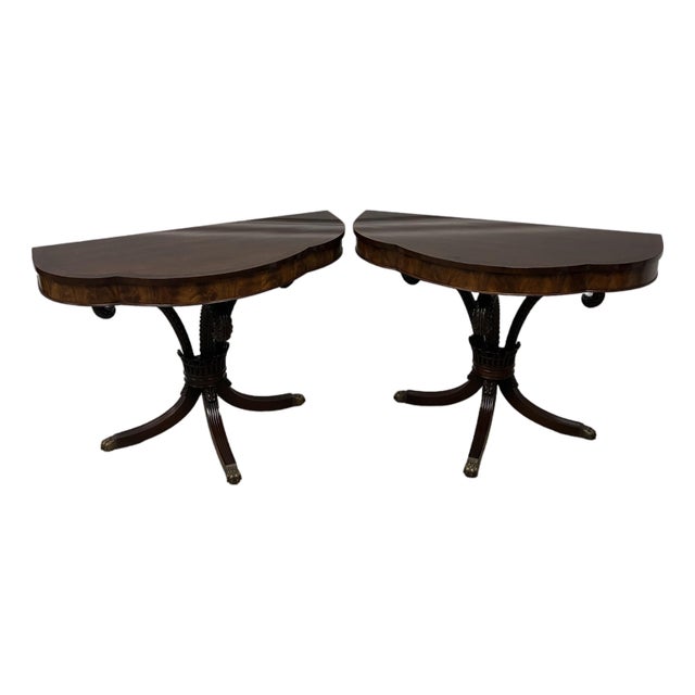 Pair of Antique Regency Style Flame Mahogany Demilune Console Tables For Sale