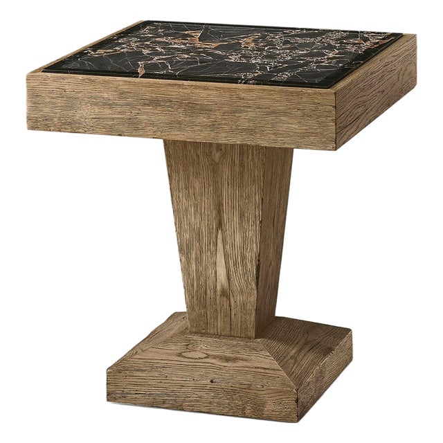 Rustic Oak Pedestal Side Table with Stone Top For Sale