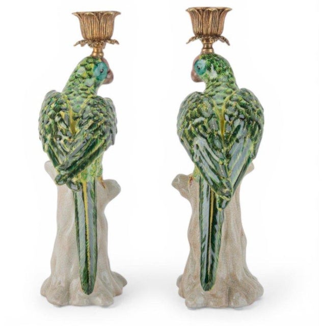 Green Porcelain Parrot Candleholder Pair With Bronze Ormolu For Sale In Dallas - Image 6 of 9