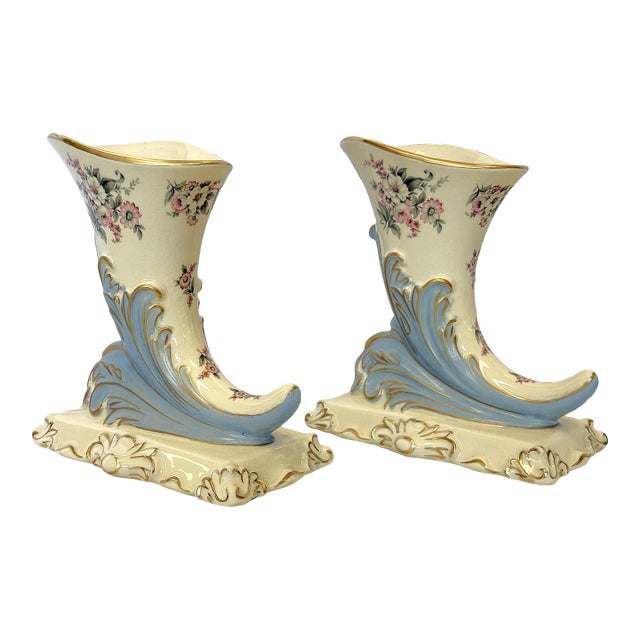 Mid 20th Century Porcelain Cornucopia Vases With French Belle Epoque Design- A Pair For Sale