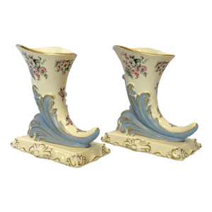 Mid 20th Century Porcelain Cornucopia Vases With French Belle Epoque Design- A Pair