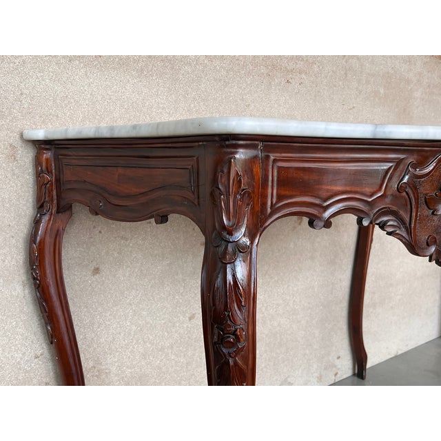 French Regency Carved Walnut Console Table With White Marble Top For Sale - Image 9 of 12