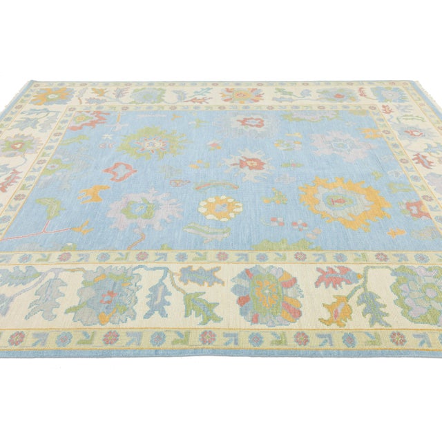 Textile 8x10 Modern Oushak Style Hand-Knotted Wool Rug - Pastel Blue & Cream Floral For Sale - Image 7 of 10