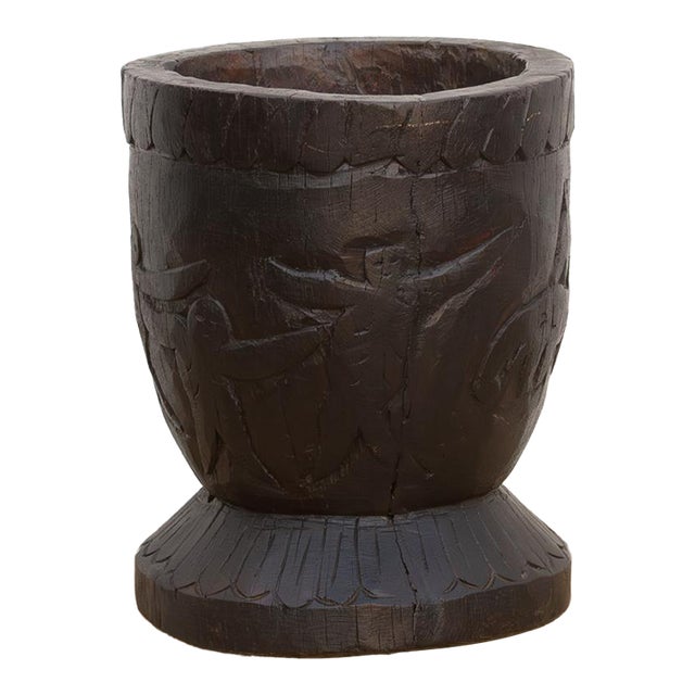 Antique Indian Ukhali Carved Wood Pot For Sale