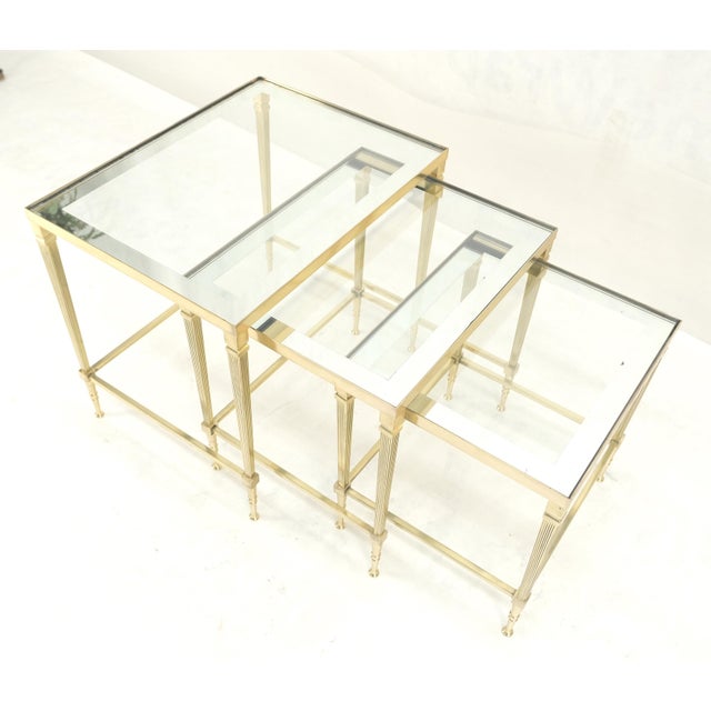 Metal Fine Polished Brass Glass Mirrored Frames Tops Nesting Side Tables Stands Redone For Sale - Image 7 of 16