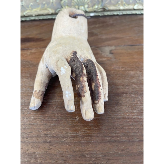 Beige Antique Carved Wooden Articulated Hand Fragment With Original Hook, Likely Religious or Folk Art, 19th Century. For Sale - Image 8 of 10