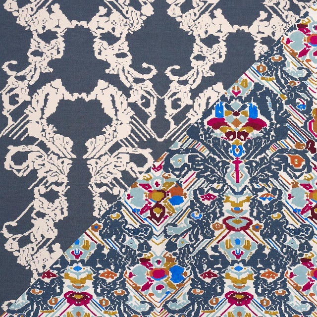 Sample - Schumacher Reversible Digital Damask Fabric In Denim For Sale