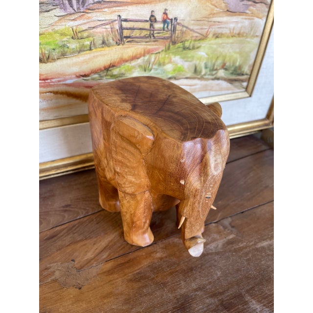 1970s Vintage Hand-Carved Wooden Elephant Sculpture Figurine, Wood Decorative Animal Figure For Sale - Image 5 of 11