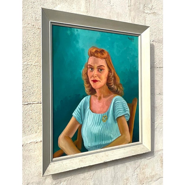 Boho Chic Vintage Boho 1952 Original Oil Portrait on Canvas For Sale - Image 3 of 10