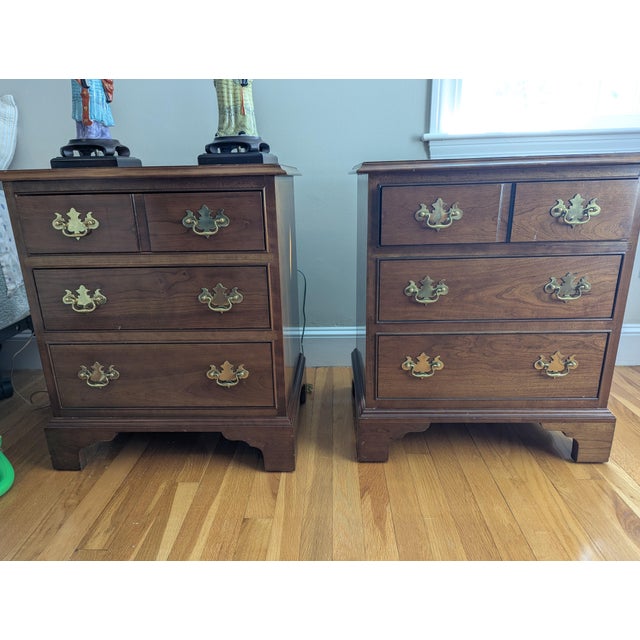 This L & JG Stickley bedroom set includes two matching nightstands (26”h x 23”w x 16"d) with four drawers each. Well-made,...