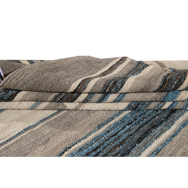 2010s Modern Flat-Weave Kilim Wool Rug With Abstract Design in Beige and Blue For Sale - Image 5 of 10
