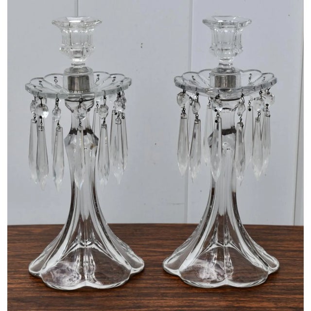 Vintage Art Nouveau Style Pair of Crystal Candlesticks W/Hanging Prisms For Sale In Philadelphia - Image 6 of 8