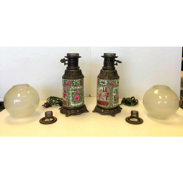 Bronze Early 20th Century Antique Asian Chinoiserie Style Hand Painted Porcelain and Bronze Oil Lamps Converted to Electric - a Pair For Sale - Image 8 of 13