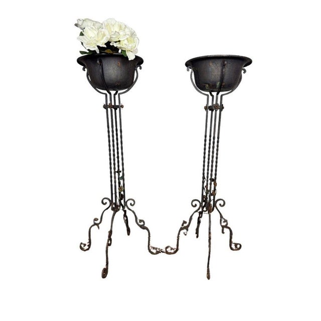Gothic Antique Wrought Iron Plant Stands With Pot - Set of 2 For Sale - Image 3 of 12