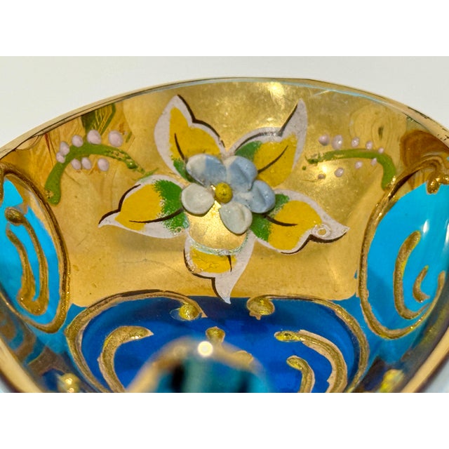 Beautiful Murano blue art glass dish. Teardrop shaped with handpainted design in Tre Fuochi (three fires). No chips or...