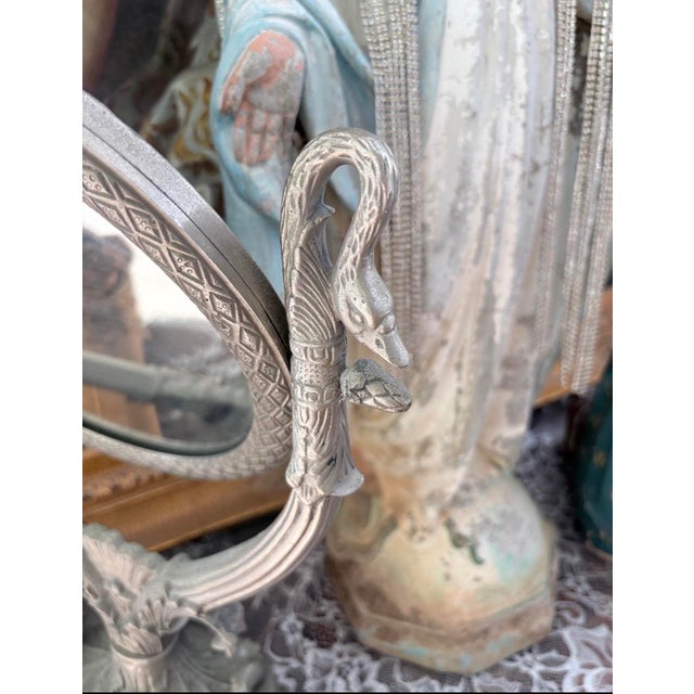 Vintage Hollywood Regency Silver-Tone Cast Metal Swan Vanity Mirror For Sale In San Diego - Image 6 of 6