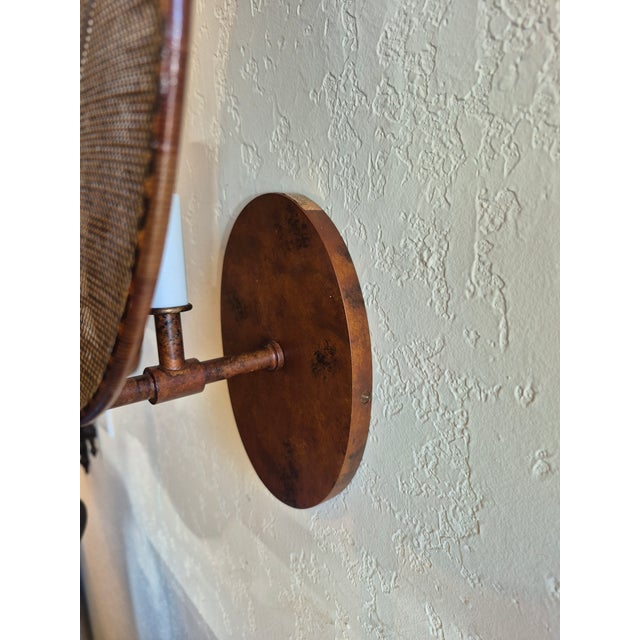 1960s Vintage Americana Anglo Indian Style Wicker Wall Sconces - Pair For Sale - Image 5 of 6