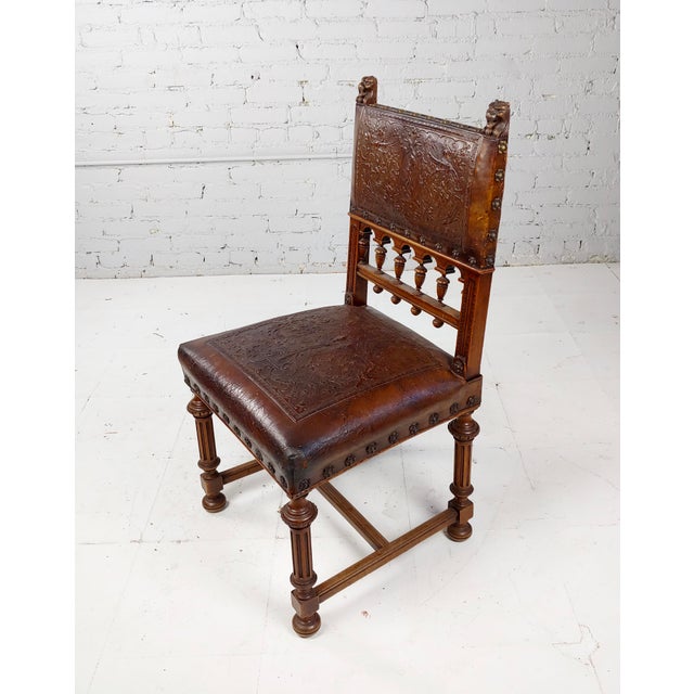 19th Century Spanish Revival Leather Embossed Dining Chairs Set of 4
