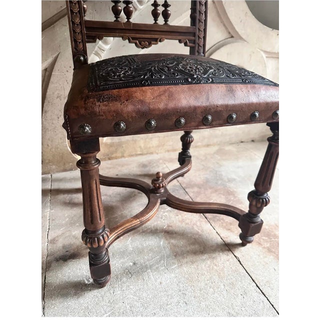 Antique French Henri I| Walnut & Leather Dining Chair, Lion Carvings, Loire Valley, 1880 For Sale - Image 4 of 9