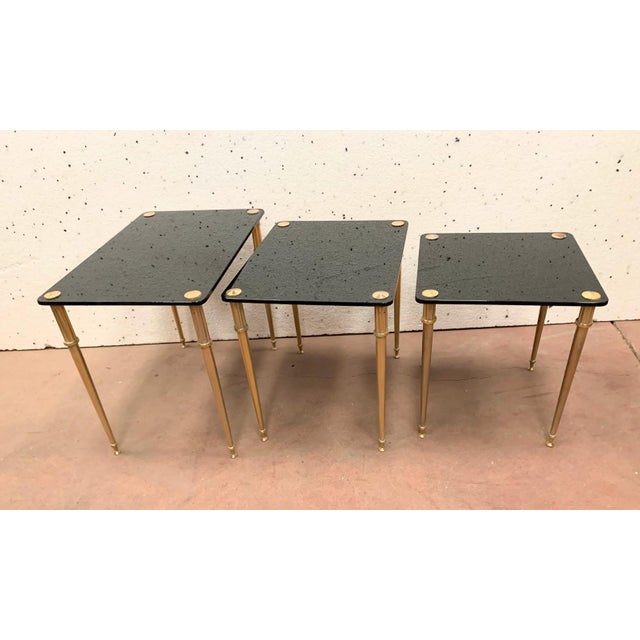 Nesting Table in Brass and Black Glass, 20th Century, Set of 3 For Sale - Image 3 of 12