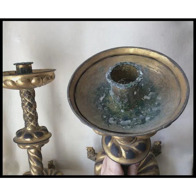 Pair Antique 19thC Victorian, Gothic Candlesticks Lions Dore Bronze For Sale - Image 11 of 12