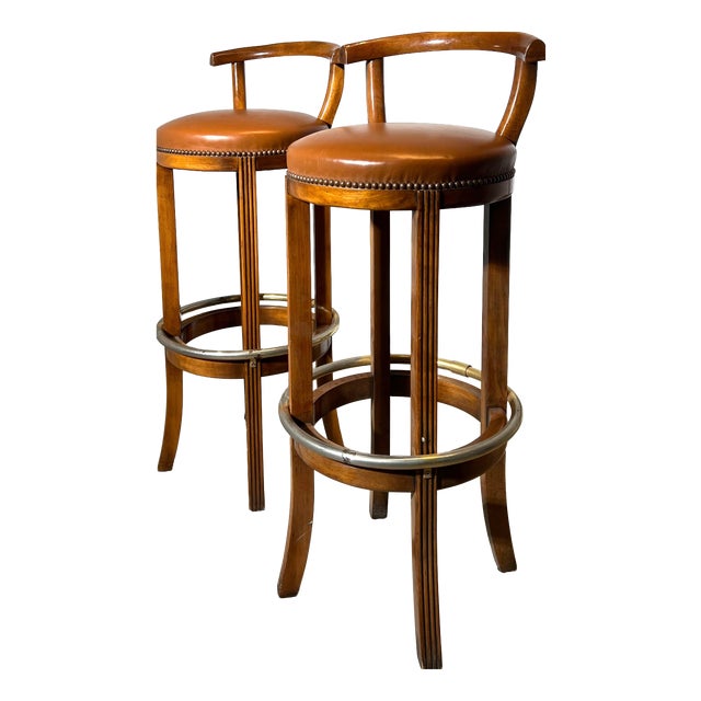 Vintage Wooden Bar Stools with Leather Seat and Brass Footrest, Set of 2 For Sale