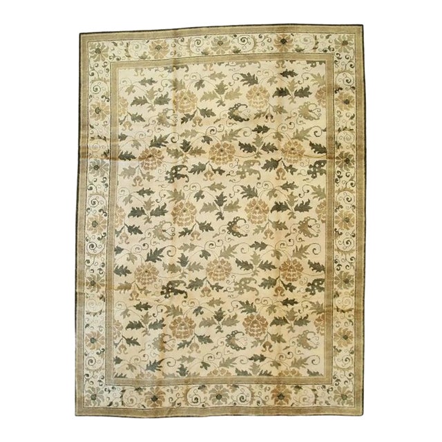 6x12 Ivory Hand-Knotted Wool Floral Scrollwork Geometric Modern Carpet Rug For Sale