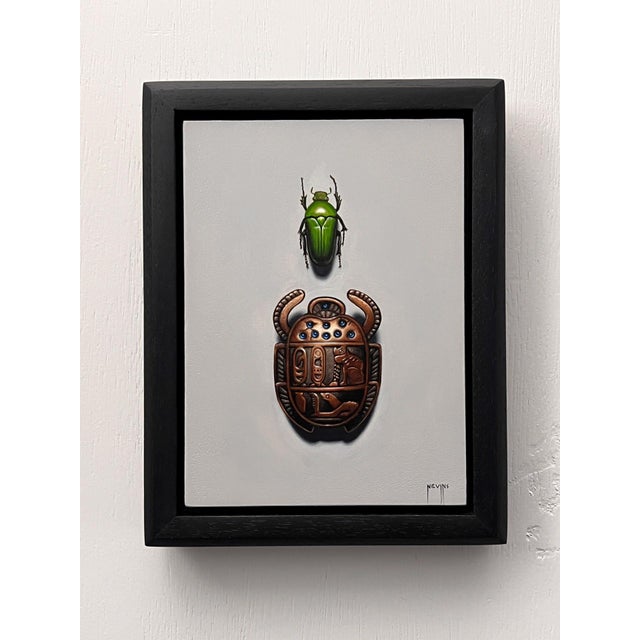This artwork presents a striking juxtaposition of two scarabs, one depicted in vibrant green and the other rendered in a...
