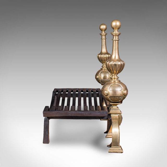 Victorian Grand Antique Fireplace Set, English Iron Fire Basket, Brass Andirons, Victorian For Sale - Image 3 of 12