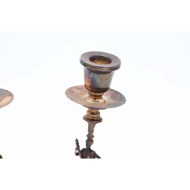 Silver Candlesticks with Deities and Plain Sconces with Octagonal Wooden Base, Set of 2 For Sale - Image 5 of 6