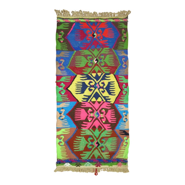 20th Century Zabihi Funky Turquoise Lime Color Kilim Flat-Weave - 1'5" x 3' For Sale