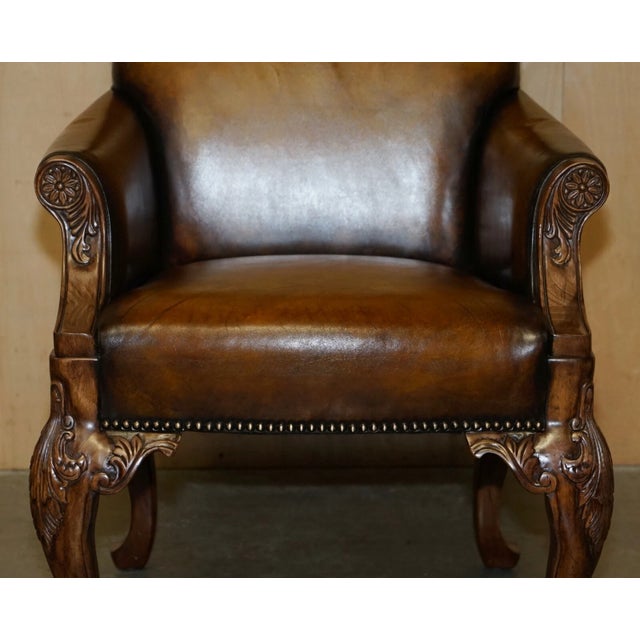 Pair of Antique Heavily Carved Hand Dyed Brown Leather Throne Armchairs For Sale - Image 14 of 18