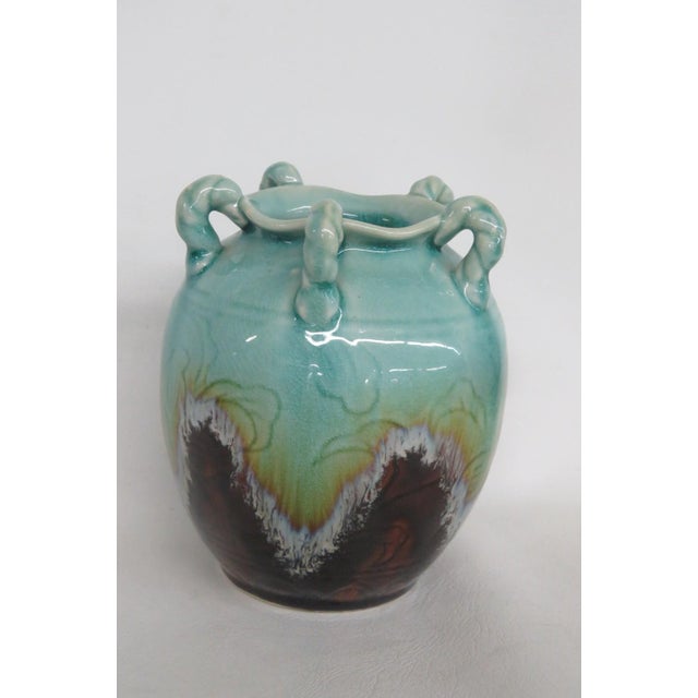 Asian Ceramic Pottery Vase Turquoise Celadon Drip Crackle Glaze 5 Handled Jug 4861b For Sale - Image 3 of 11