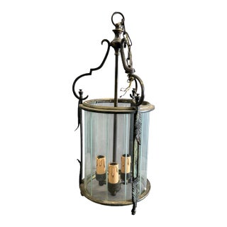 1950s 3-Light Brass & Belved Glass Cylinder Foyer Chandelier / Lantern For Sale
