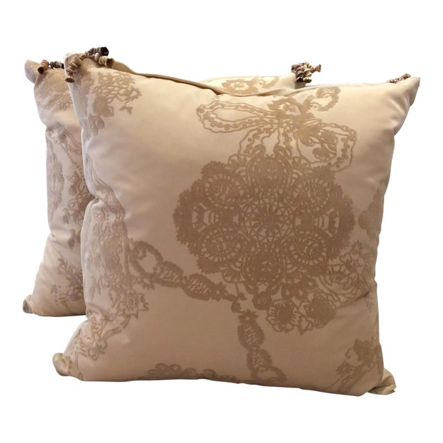 Contemporary Cream Flocked Pillows - a Pair For Sale