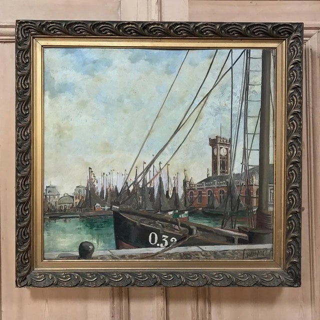 Antique Framed Oil Painting on Board by F. Windel depicts an intriguing perspective of an impressionistic harbor scene at...