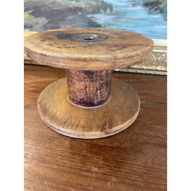 Industrial Likely Antique Industrial Wooden Textile Mill Spool With Likely Iron Center For Sale - Image 3 of 9