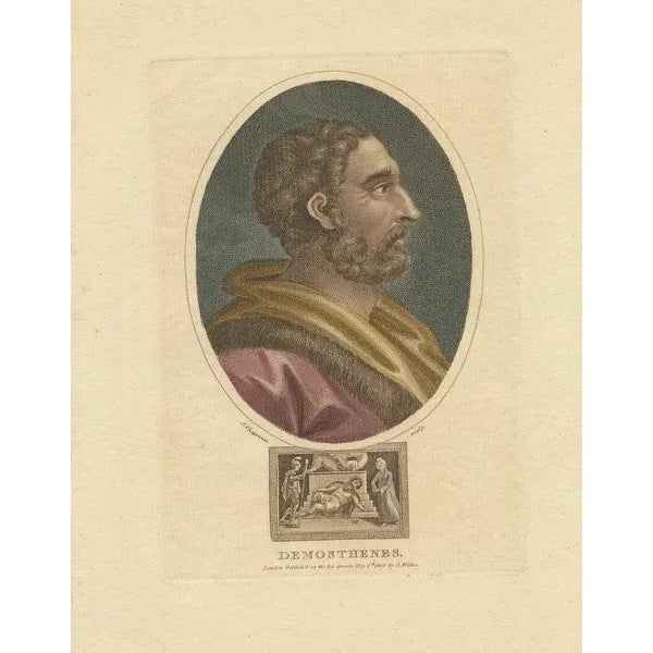 Antique print titled 'Demosthenes'. Portrait of Demosthenes, bust-length in profile to right, in an oval, with a...