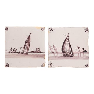 Pair of Mulberry Faience Tiles of Sailing Vessels, C. 1700's For Sale