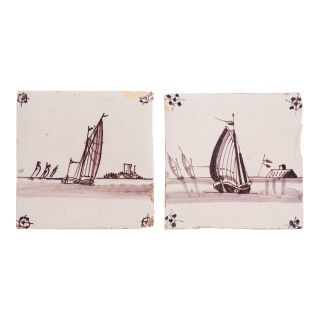 Pair of Mulberry Faience Tiles of Sailing Vessels, C. 1700's For Sale