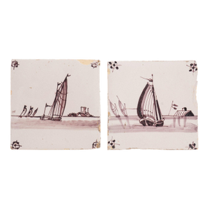 Pair of Mulberry Faience Tiles of Sailing Vessels, C. 1700's