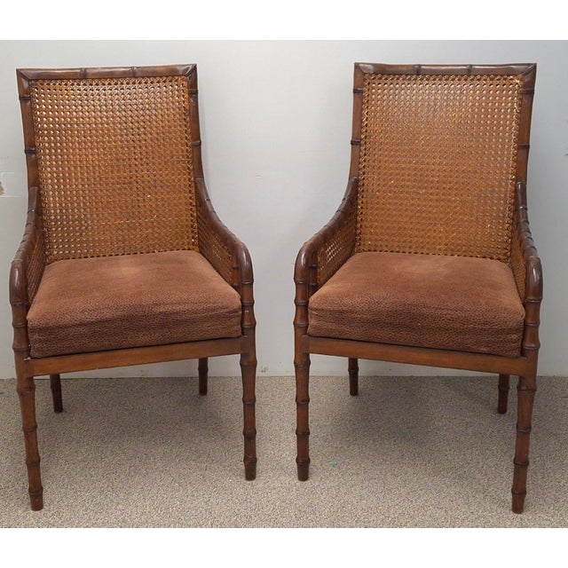 Palecek Hollywood Regency Style Double Cane Upholstered Armchairs For Sale - Image 12 of 18