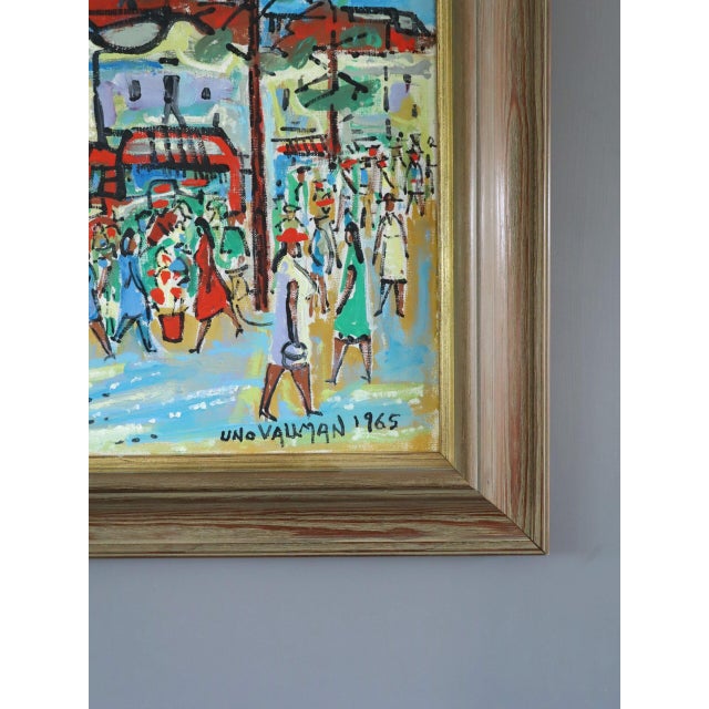 Textile 1965 Mid-Century Modern 'The Joyful Passage' Vintage Original Swedish Street Scene Oil Painting, Framed For Sale - Image 7 of 13