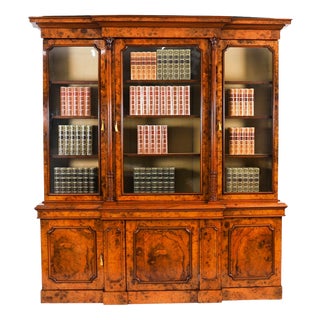 Antique Victorian Burr Walnut Breakfront Bookcase, 1800s For Sale