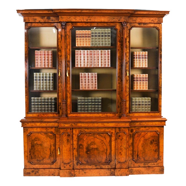 Antique Victorian Burr Walnut Breakfront Bookcase, 1800s For Sale