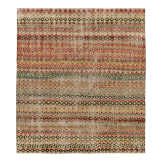 1960s Vintage Turkish Rug in Red, Green and Pink Geometric Pattern, Distressed For Sale