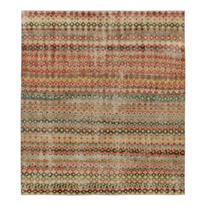 1960s Vintage Turkish Rug in Red, Green and Pink Geometric Pattern, Distressed